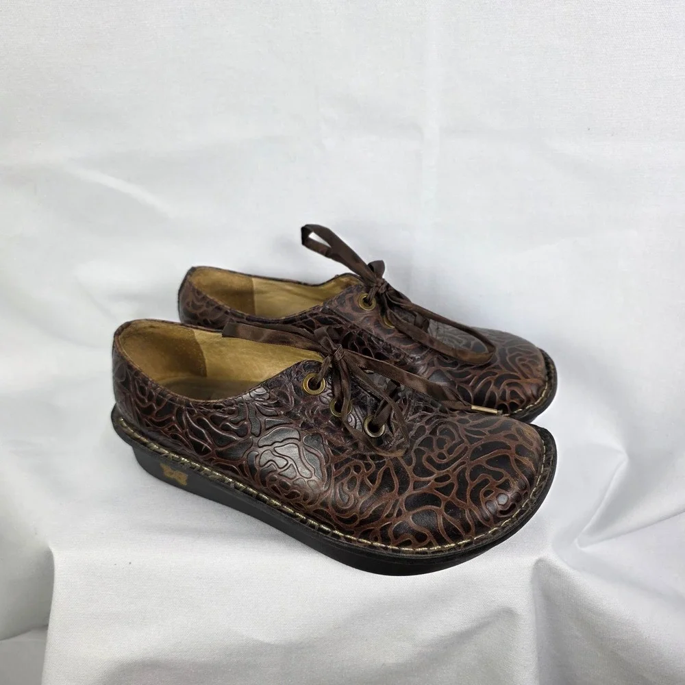 Alegria ABB-532 Brown Embossed Leather Lace Up Oxford Shoes Womens 38